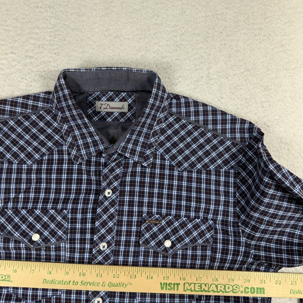 7 Diamonds Shirt Mens Large Plaid Long Sleeve Button Up Casual Pocket Blue 1472 - Picture 4 of 8
